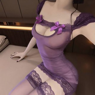 Sexy purple lace bodycon mini dress with sheer mesh and ruched design, perfect for a seductive nightclub look.