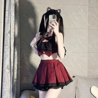 Sexy schoolgirl jk sleepwear set featuring a cute pure temptation short skirt with black accents, perfect for small bust enha...