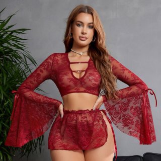 Woman modeling red sheer lace lingerie set with deep v, flared sleeves, and detachable ties.