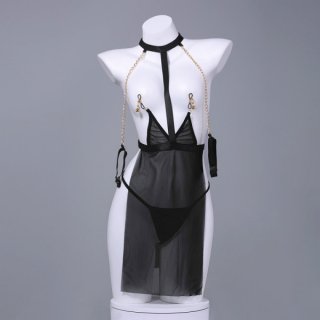 Sexy sheer black lingerie set with gold chains, featuring a transparent bodysuit and choker for intimate role play nights.