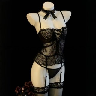 Black lace push-up lingerie set with garters and choker, designed for small busts. perfect midnight passion ensemble for inti...
