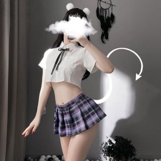 Sexy student role play outfit featuring a split-style pleated skirt and top set, perfect for small bust designs with flirty e...