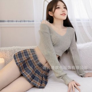 Sexy student uniform set - jk style plaid mini skirt & low-neck sweater outfit for adults