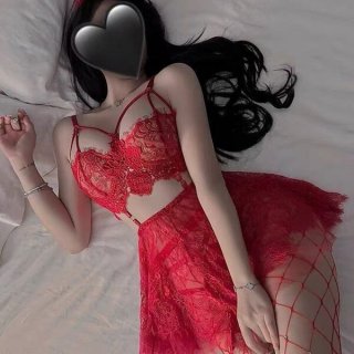 Woman in red lace lingerie set with no-remove bra and matching outfit, styled for small to plus sizes.