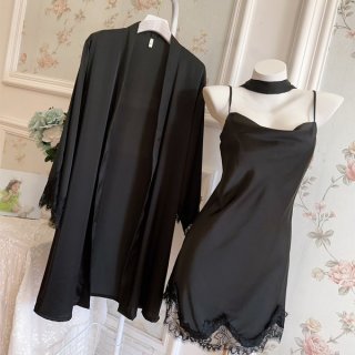 Soft pure allure lace-trimmed cami sleep dress & matching robe set – silky ice silk two-piece pajama set, elegant black desig...