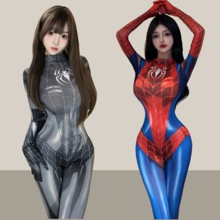 Two women modeling spider-man inspired sexy lingerie sets: one in sleek silver with white webbing, the other in classic red-b...