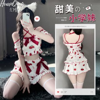 Strawberry print lingerie set - cute cross-strap sleepwear with bow detail, sexy yet playful student-style outfit