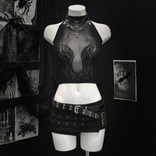 Sexy gothic punk crop vest featuring twill lace design, black mesh top with intricate detailing, perfect for bold fashion sta...
