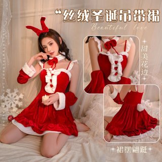 Velvet christmas lingerie set - festive new year lolita sleepwear & matching robe outfit showcases a festive red and white de...