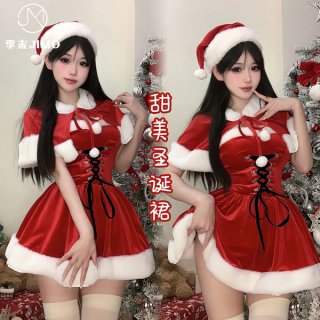 Two models wearing festive christmas red velvet lingerie sets, featuring santa hats and waist cinching capes, perfect for hol...