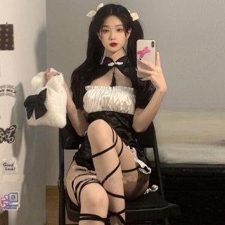 Vintage-inspired sexy lingerie set featuring a retro chinese qipao short sleeve split dress with seductive uniform style, per...