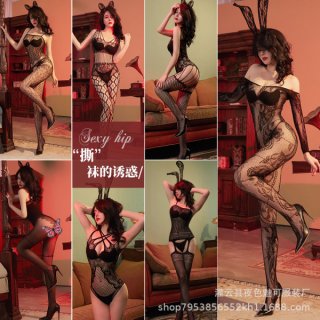 Womens sexy lace mesh bodysuit with open-crotch design, featuring elegant european-style sheer tights and stylish bunny ears.