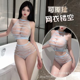 Womens sheer mesh bodysuit with ripped lace cut-outs, tight-fit design, and erotic lingerie style for intimate wear.