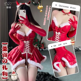 Sexy christmas dress with festive red corset and gloves, perfect holiday outfit for allure and charm.