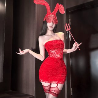 Sexy red lace mini dress with bunny ears and trident accessory, perfect for new year eve party outfits.