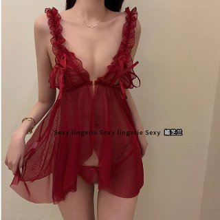 Sexy red sheer design with ruffled straps, perfect holiday costume or festive allure.