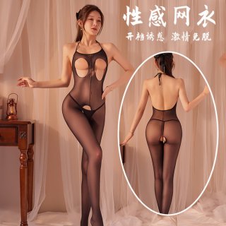 Woman wearing yeqingge sheer mesh bodysuit with open-crotch design, shown front and back in elegant lingerie set.