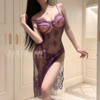 Sexy purple lace nightgown featuring sheer fabric, high slit, and underwire push-up support for women.