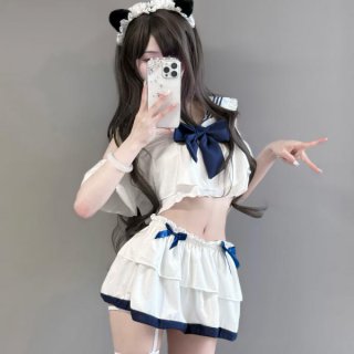 Seductive schoolgirl lingerie set featuring a charming white uniform with navy accents, perfect for passionate date nights an...