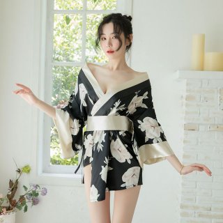 A woman models a hua ying japanese kimono lingerie set, featuring a floral design and elegant wrap style, perfect for rolepla...