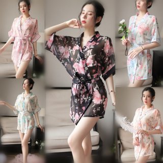Womens sexy lace-trimmed uniform-style silk-look sleepwear set with floral print robe, featuring elegant floral patterns and ...