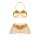 Golden lingerie set with pearl details and open-crotch design, featuring a halter top and sheer skirt for a glamorous look.