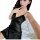 Woman wearing black silky deep v lingerie nightgown with lace trim, sensual sleepwear set for adults.