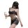 Woman in black lace sheer bodycon nightdress set holding wine glass, featuring embroidered mesh babydoll design.