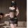 Woman modeling black lace sheer bodycon nightdress set with embroidered mesh babydoll design, featuring a matching bra and sk...