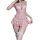 Woman modeling pink qqny lace lingerie set with bralette, ruffled robe, and garter straps.