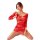 Woman posing in a red, striped mesh bodycon lingerie set with cut-out details and long sleeves.