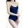 Woman wearing a navy blue sheer milk silk bodysuit with white trim, featuring a tight-fit one-piece design ideal for swimwear...
