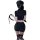 Woman in black police-themed lingerie set with short skirt, cap, and whip, viewed from behind for role play.