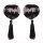 Black sequined heart-shaped nipple covers with tassel detail, featuring lace trim and silicone backing for a flirty, sexy loo...