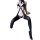 Woman wearing black pure temptation lingerie set with strappy design and thigh-high stockings.