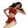 Woman modeling red lace-trimmed two-piece lingerie set, featuring a camisole top and shorts, designed for intimate moments an...