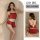 Woman modeling red satin lingerie set with lace trim; includes camisole top and shorts, shown front and back views for luxury...