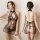 Sheer black lingerie nightgown with floral embroidery, open-crotch design, and cheeky cutout – front and back view.