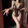 Woman in black lace open-crotch bodysuit with matching thong, holding wine glass — night-silk sensual sleepwear set.