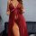 Woman wearing a sexy sheer lace sleep dress with floral details and a flowing robe, showcasing ultra-thin seductive nightwear...
