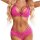 Woman modeling vibrant pink lace bra and panty set with sheer floral details and strappy design.
