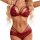 Woman wearing red lace bra and panty set, sheer erotic lingerie with floral details and bow accents.