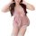 Woman modeling pink plus size lace sleepwear set with sheer mesh cami nightgown and bow detail, comfort fit design.