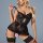 Sexy black lace sleep dress with sheer back, high slit, and garter belt – premium erotic lingerie set for women.