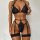 Black lace lingerie set with cross-design straps and floral detailing, featuring a bra, garter belt, and thigh-highs.