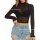 Woman wearing a black sheer mesh long sleeve crop top with high neck, paired with denim shorts.