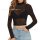 Woman wearing a black sheer mesh long sleeve crop top with high neck, styled as lingerie, paired with blue jeans.