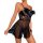 Woman wearing black sheer lace bodysuit with large bow, backless design, luxury lingerie sleepwear.