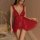Woman wearing red lace sleep dress with ruffled straps and deep v-neck, flirty pure-temptation lingerie nightgown 2025 collec...