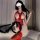 Sexy womens erotic lingerie set featuring a red lace bodysuit with chains and cutouts, perfect for intimate moments.
